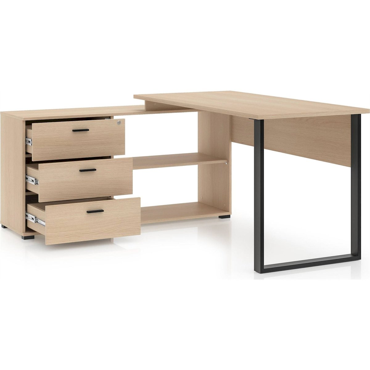 Bureau d'angle avec caisson 3 tiroirs ODELIS chêne lindberg et noir, RECOLLECTION