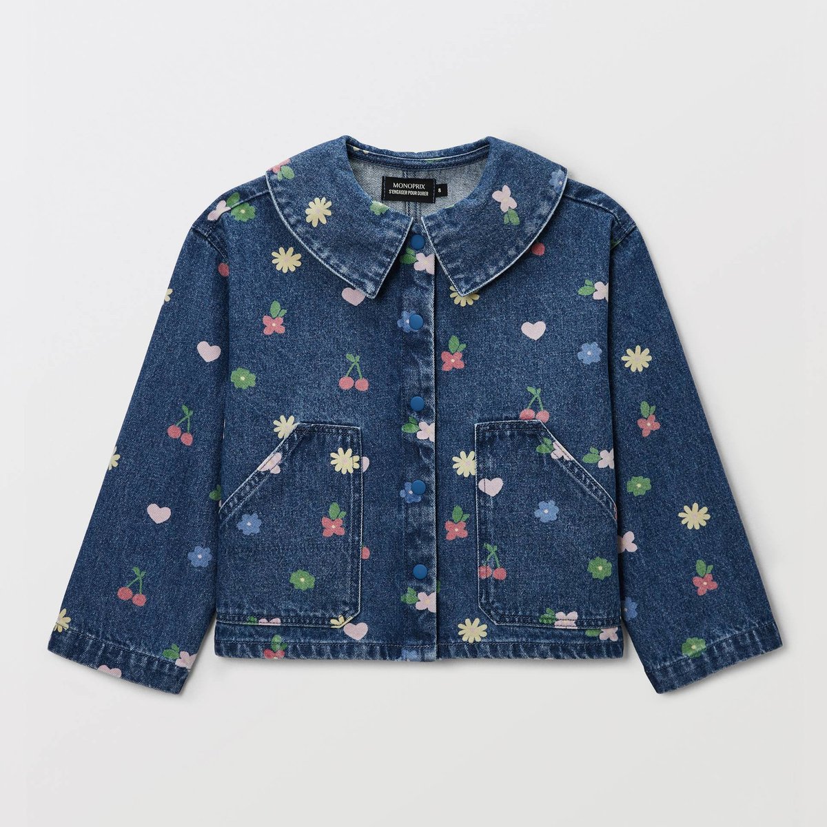 Veste en jean col claudine imprimée bleach denim, MONOPRIX