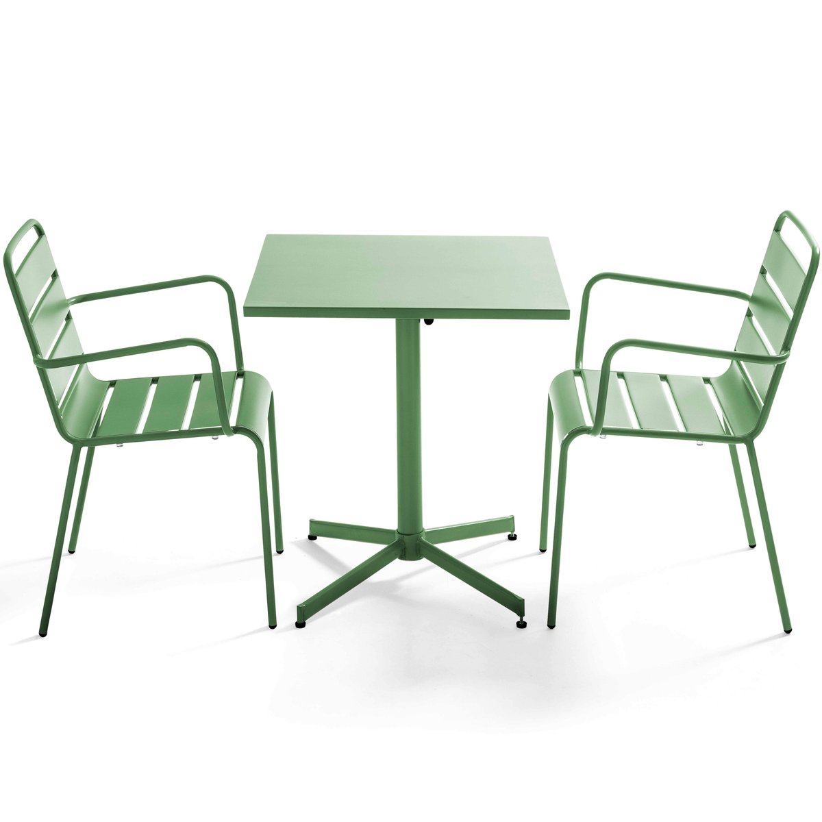 Table de jardin bistrot carrée inclinable en métal 70x70 cm et 2 chaises avec accoudoirs, PALAVAS vert cactus, OVIALA