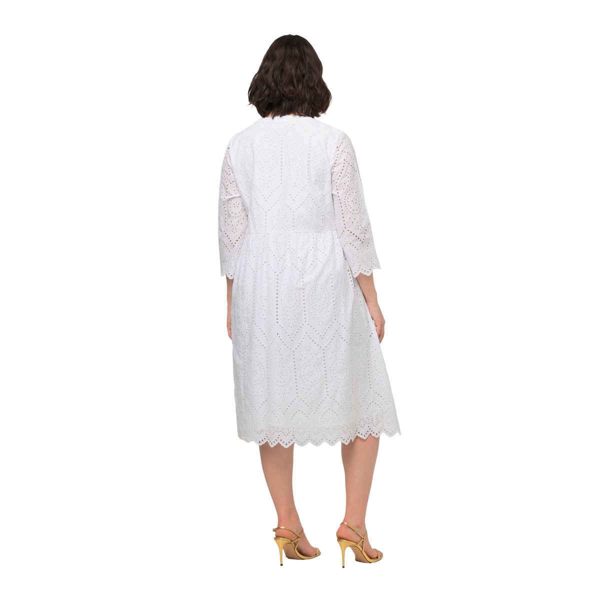 Robe midi en dentelle ajourée. Col tunisien blanc neige, ULLA POPKEN