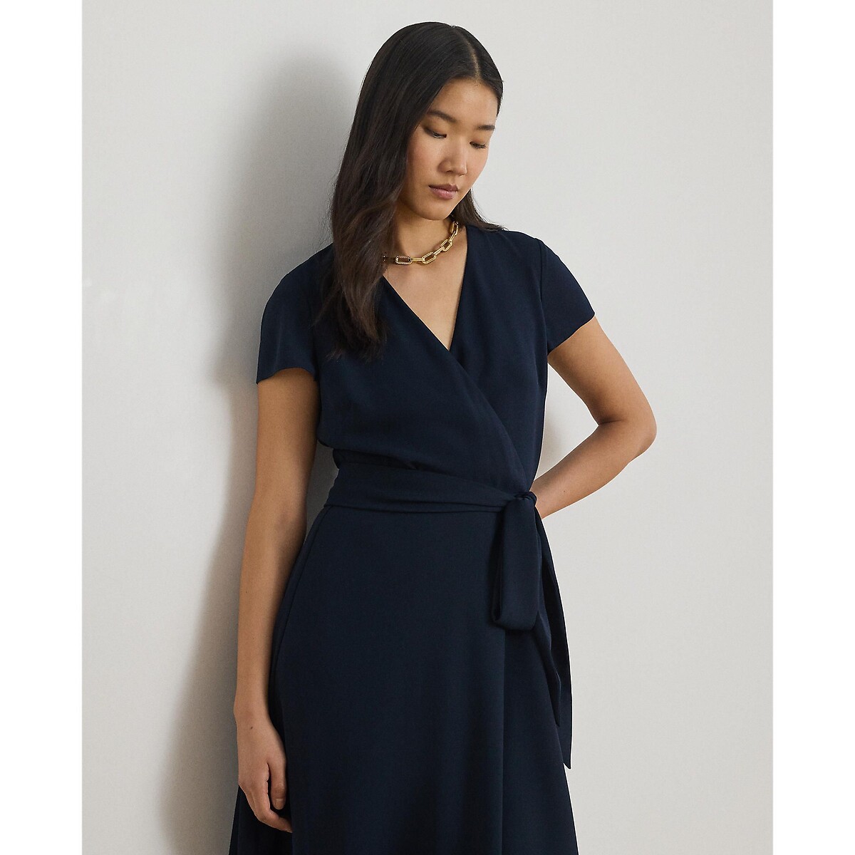 Short Sleeve Wrapover Midi Dress navy, LAUREN RALPH LAUREN