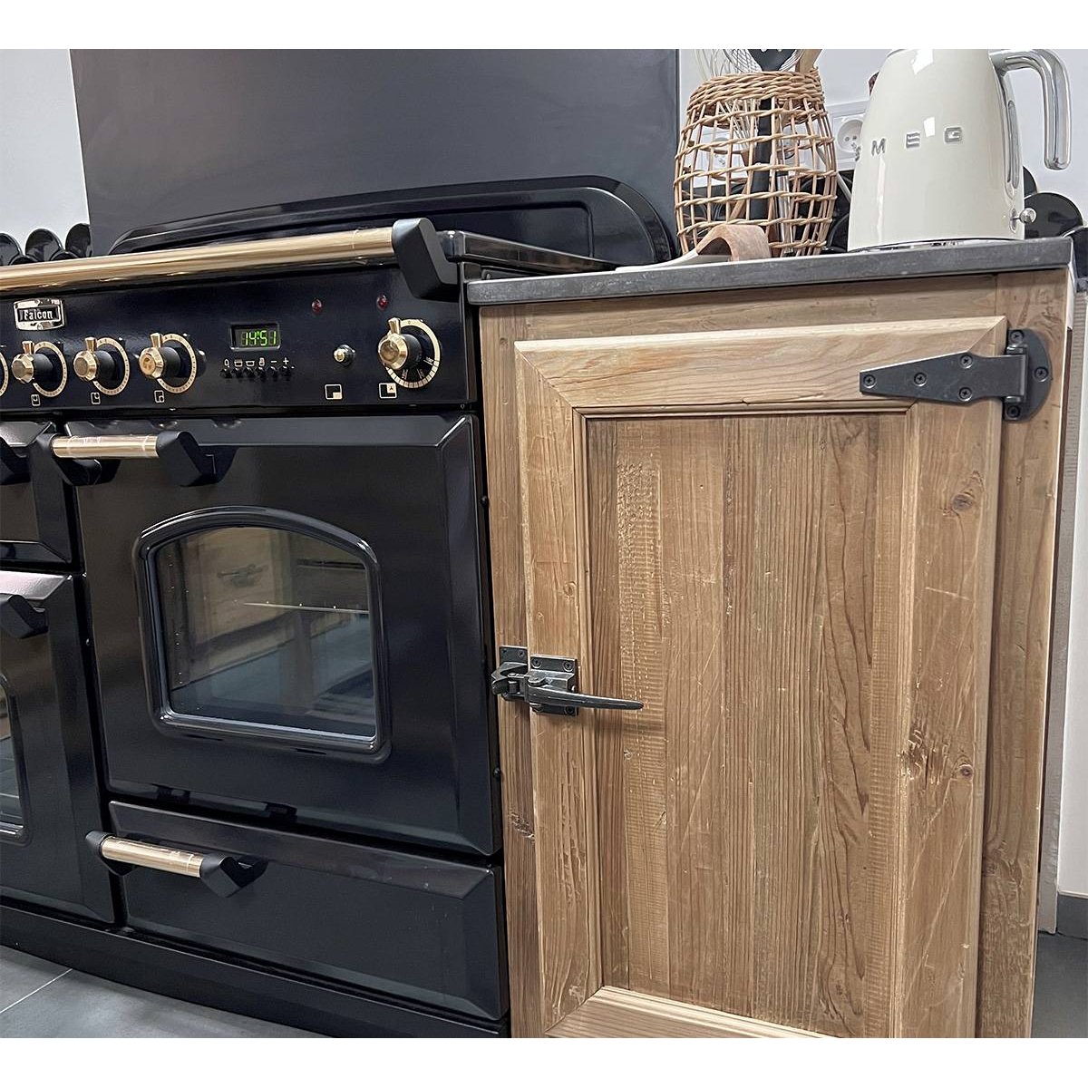 Meuble bas de cuisine en bois recyclé et pierre bleue CHAMPÊTRE bois clair, MADE IN MEUBLES