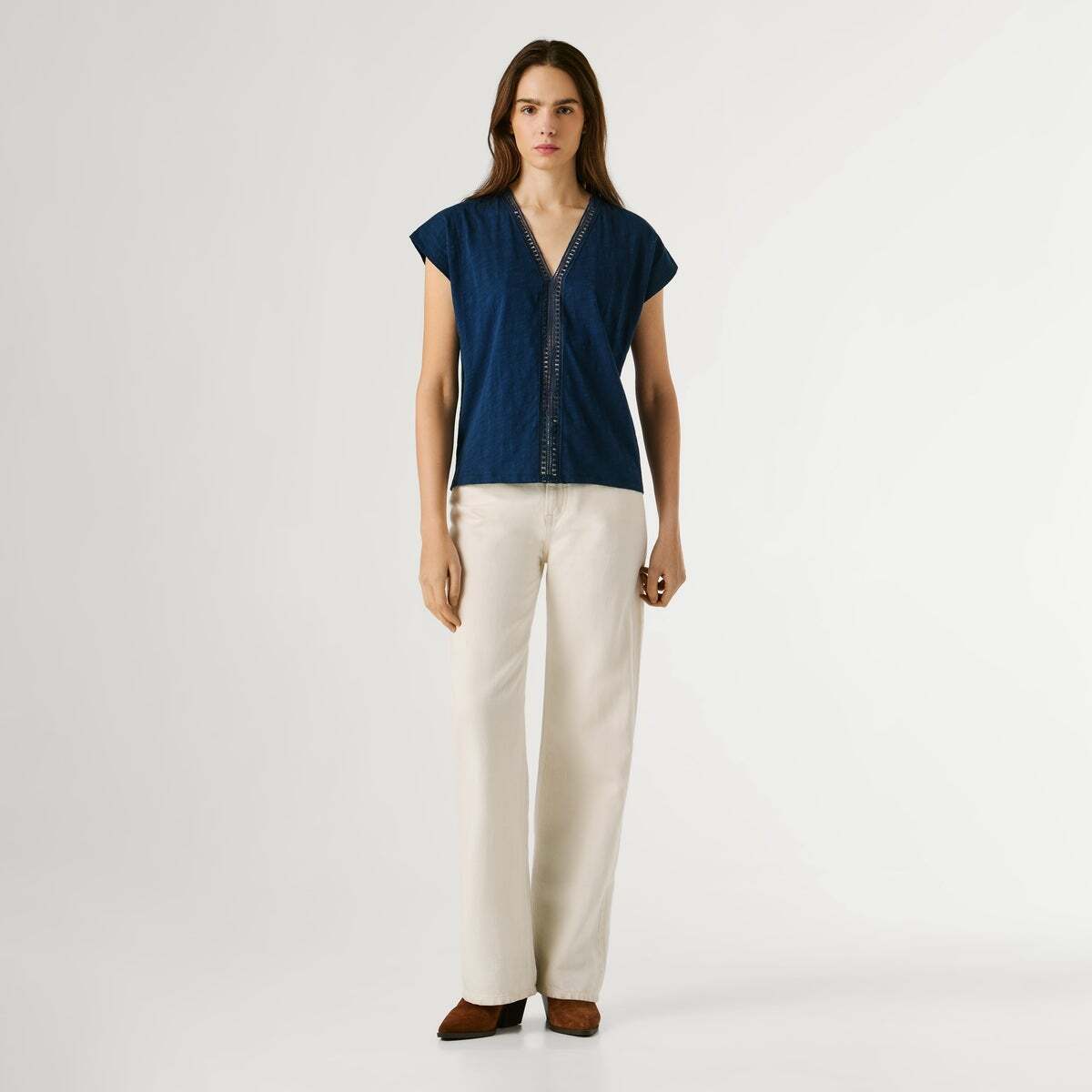 T-Shirt À Col V Avec Détails Ajourés bleu des profondeurs, PEPE JEANS