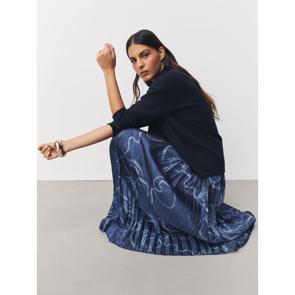 Pull jupe 2-en-1 midi plissée imprimé nautique bleu marine, NEXT