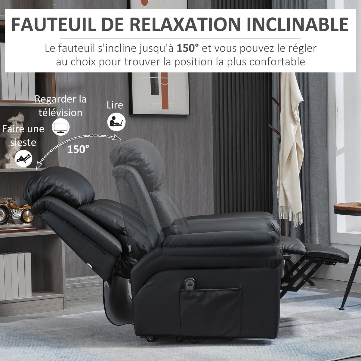 Fauteuil releveur inclinable avec repose-pied ajustable - revêtement synthétique noir, HOMCOM