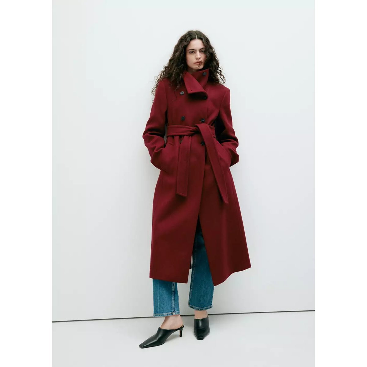 Manteau laine Manteco col cheminée rouge, MANGO
