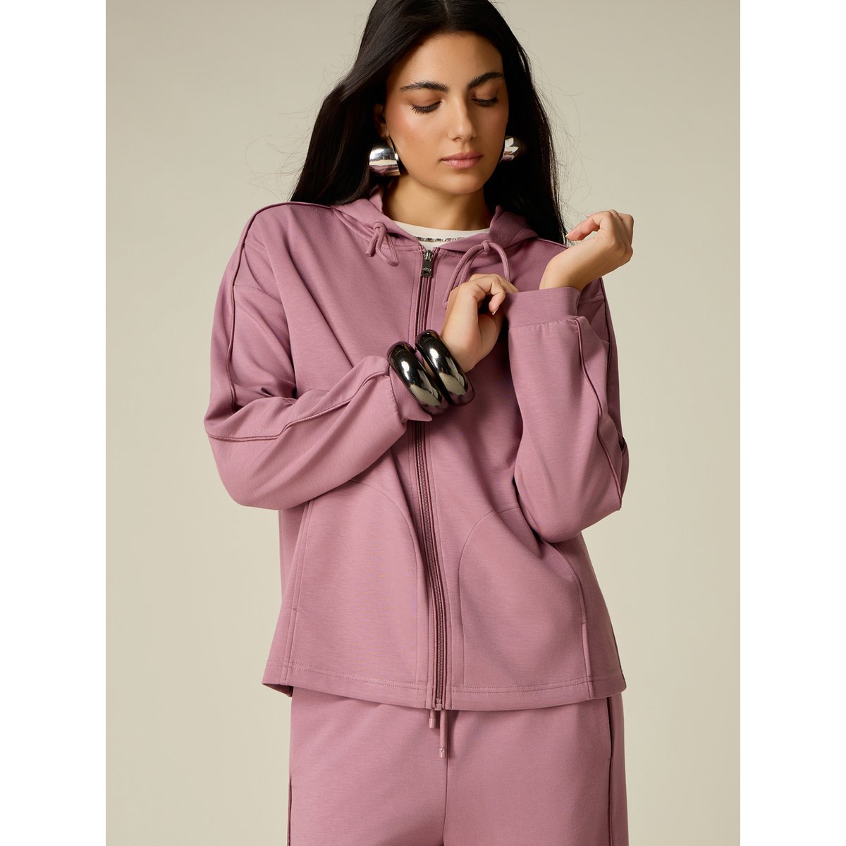 Sweat ouvert à capuche et passepoil rose, OLTRE