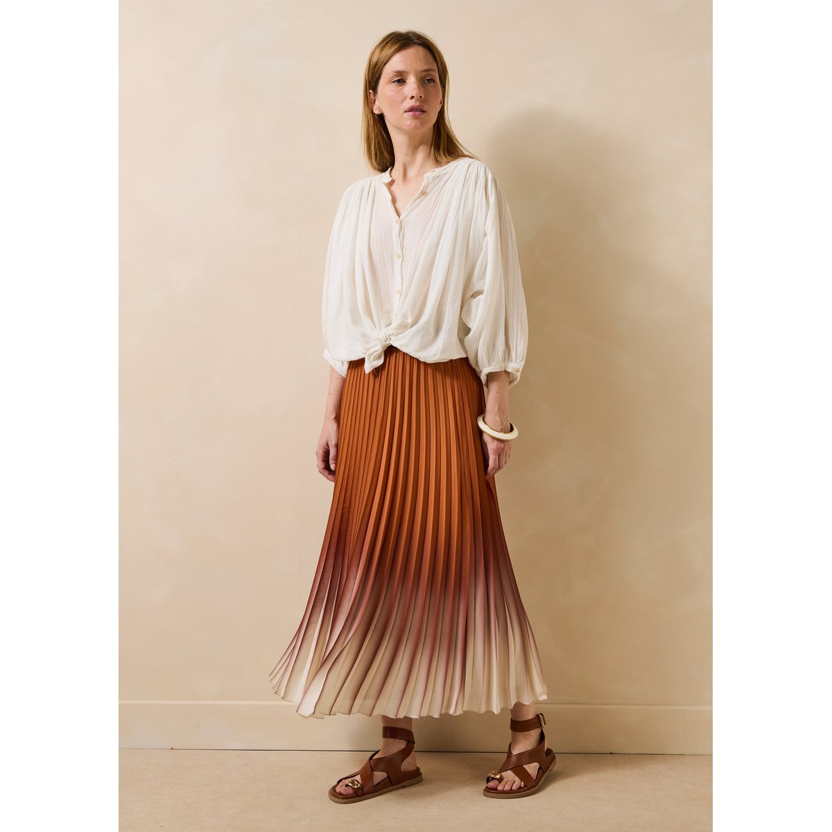 Jupe longue plissée à imprimé tie & dye chocolat, LA FEE MARABOUTEE