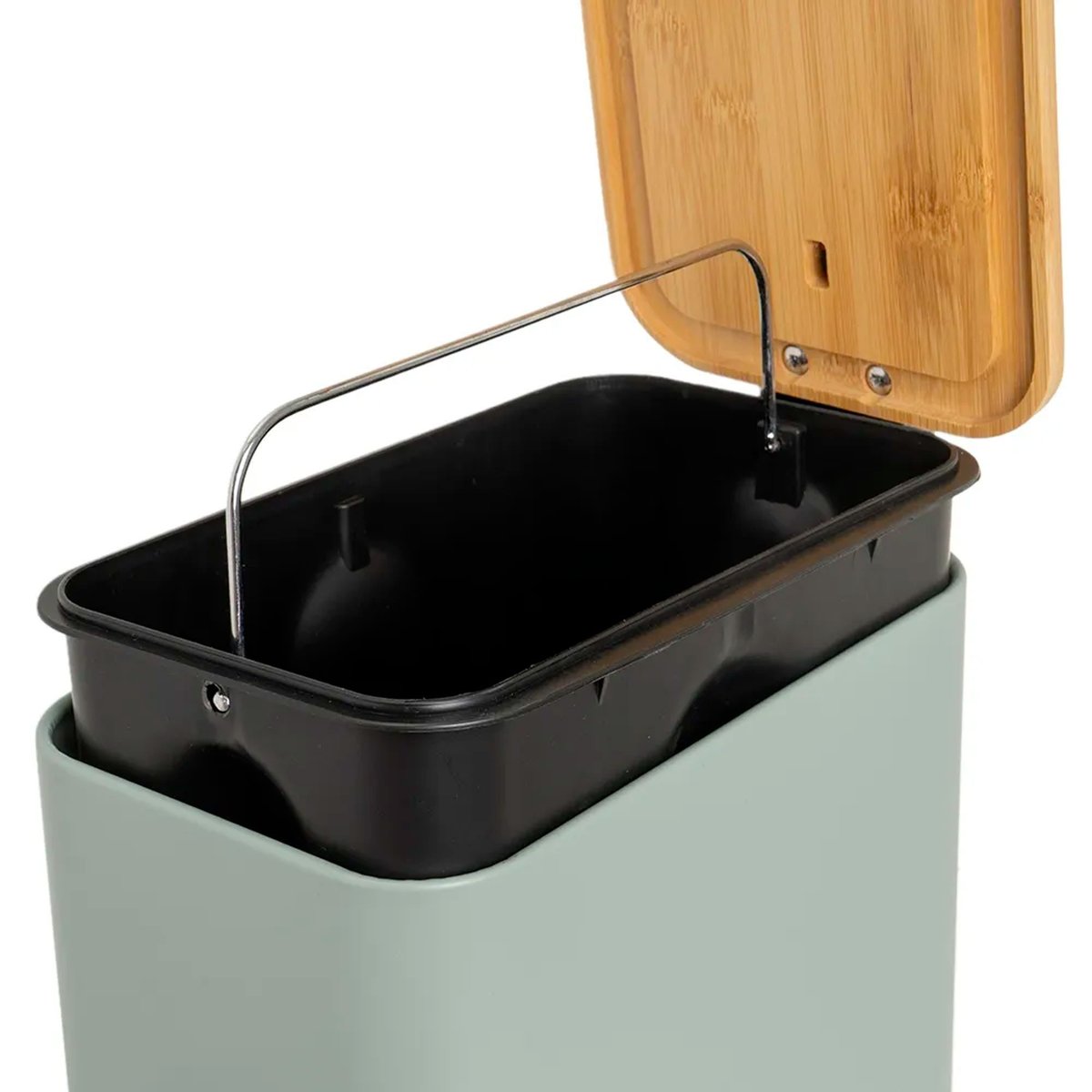 Poubelle de salle de bain rectangulaire métal vert sauge et bambou 5L vert, WADIGA