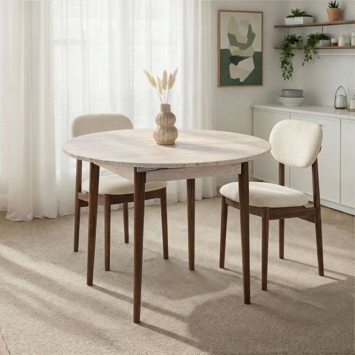 Table à manger ronde extensible KLARA travertin/ noyer, CALICOSY