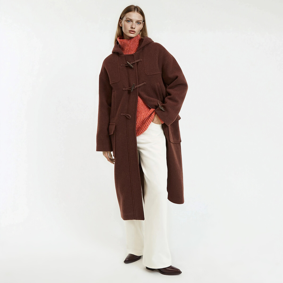 Duffle-coat long à capuche, plein hiver marron, LA REDOUTE COLLECTIONS