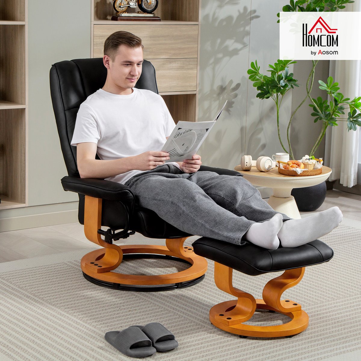 Fauteuil inclinable avec repose-pieds noir, effet bois naturel, HOMCOM