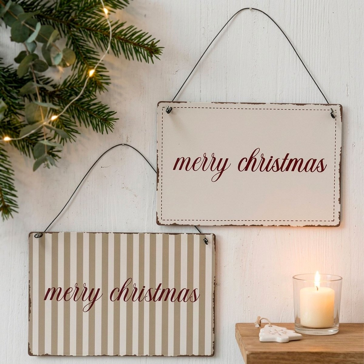 Set de 2 panneaux en métal merry christmas 21x14cm beige, WADIGA
