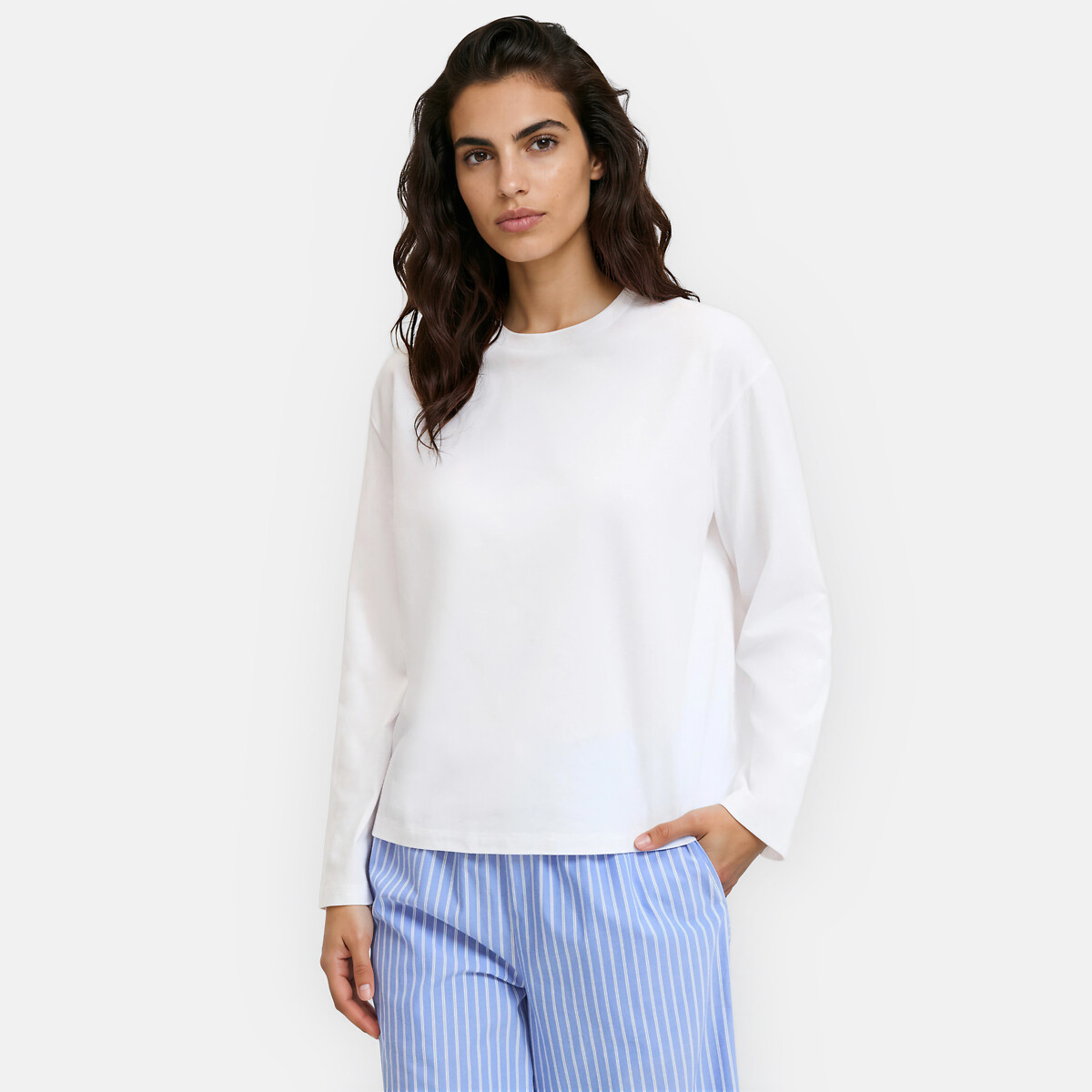 Tshirt de pyjama en jersey pur coton, manches longues blanc, LA REDOUTE COLLECTIONS