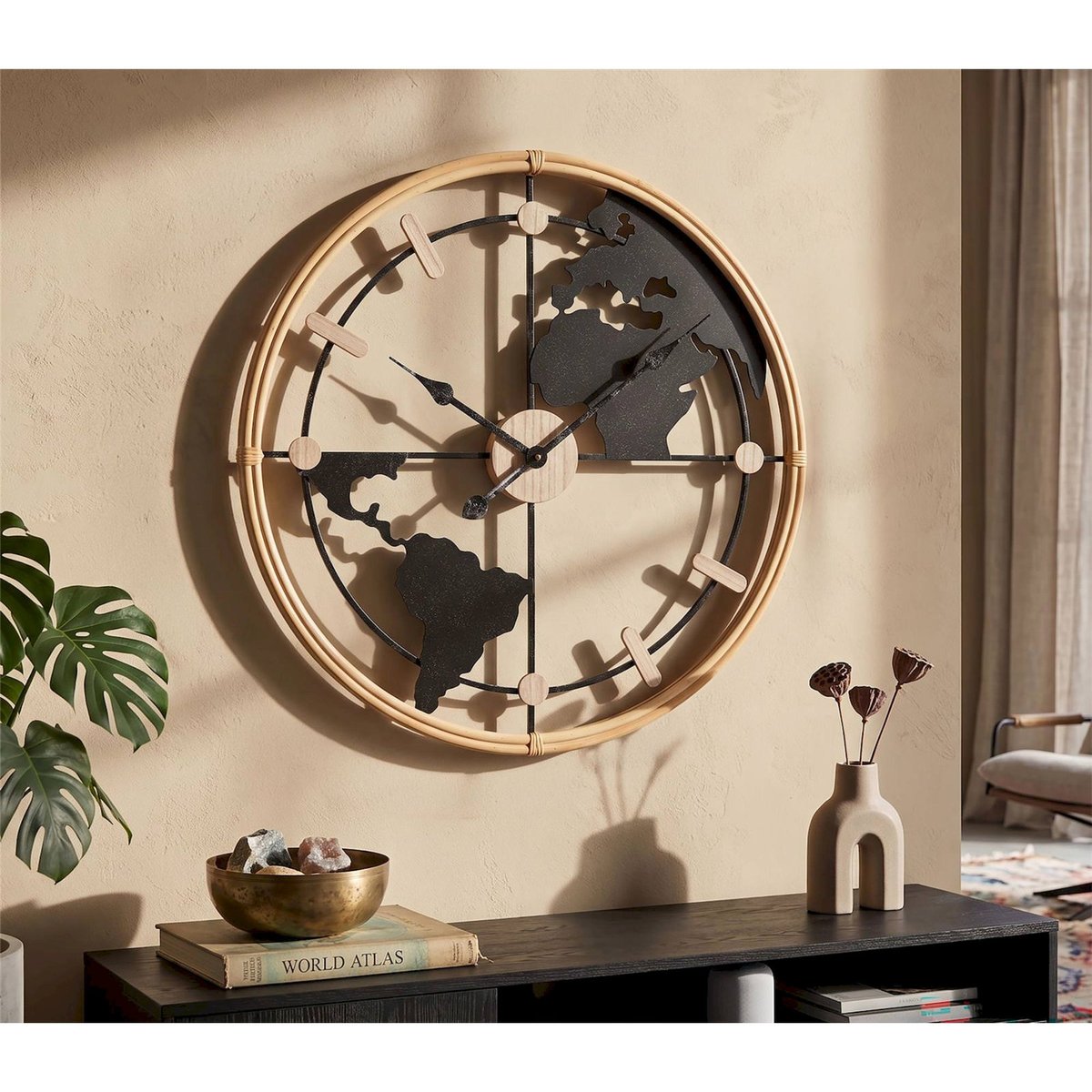 Horloge murale carte du monde ajourée BOHO CHIC marron et noir, RECOLLECTION