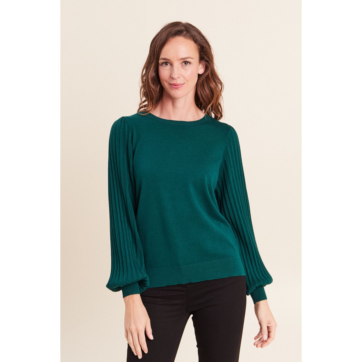 Pull cintré col rond manches longues vert foncé, BREAL
