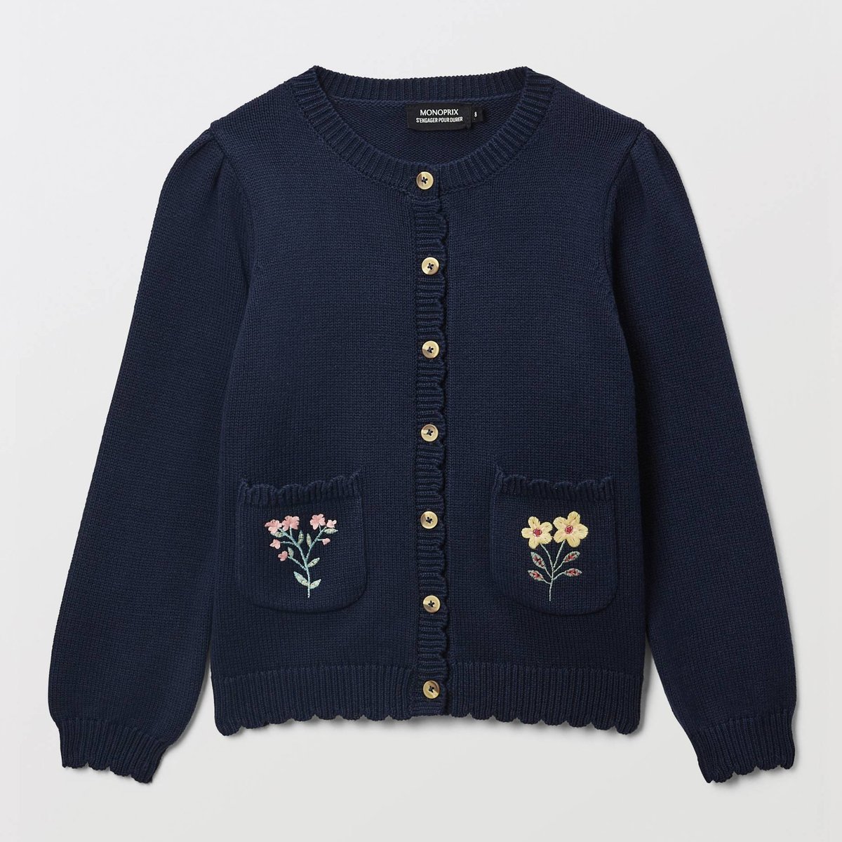 Cardigan poches brodées en coton marine, MONOPRIX