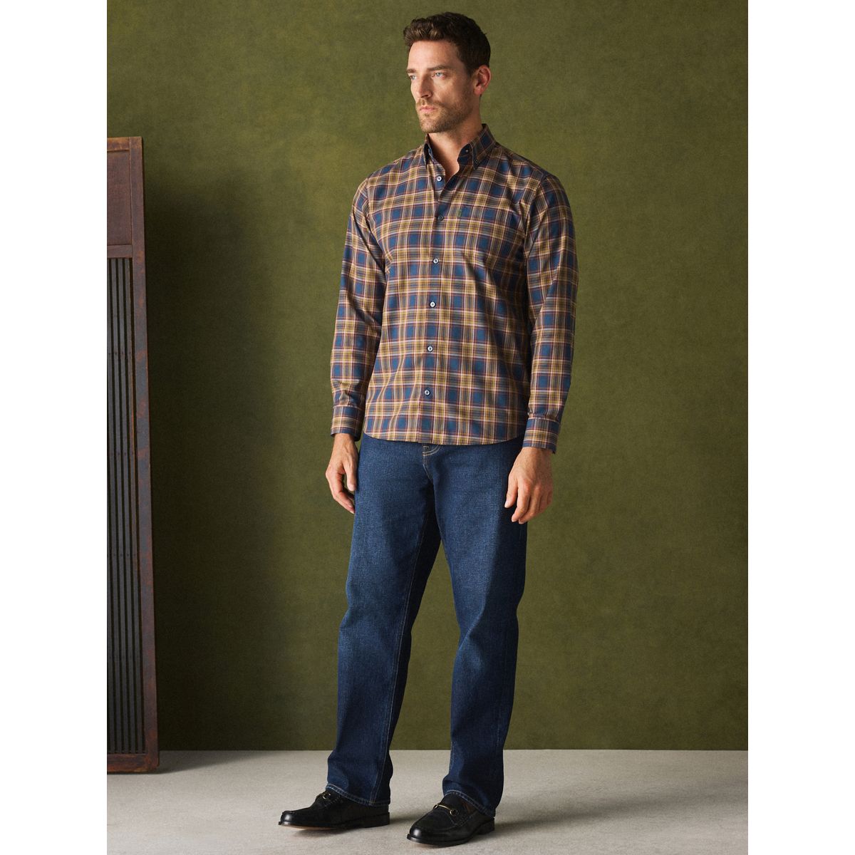 Chemise oxford standard boutonnée carreaux bleu marine/jaune, NEXT