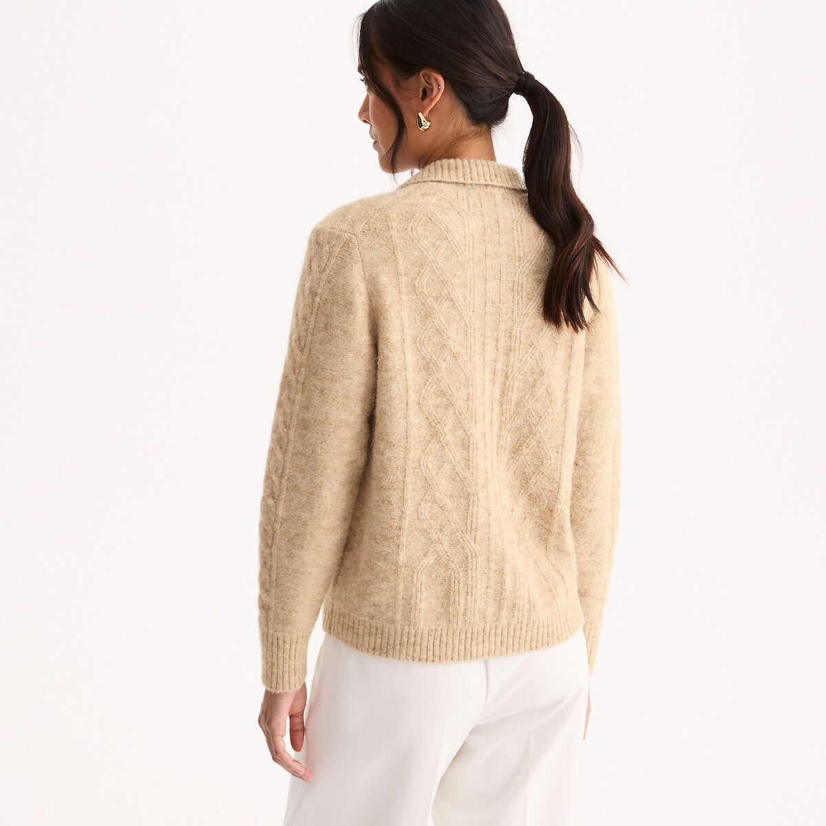 Cable Knit Zip-Up Polo Cardigan beige marl, ANNE WEYBURN