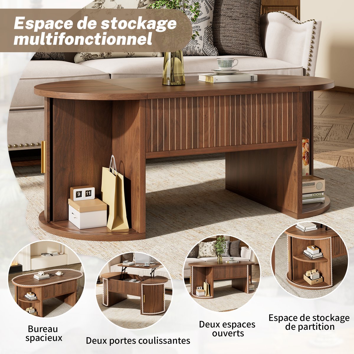 Table basse relevable ovale rangement, CHESTNUTB walnut, MEUBLES COSY