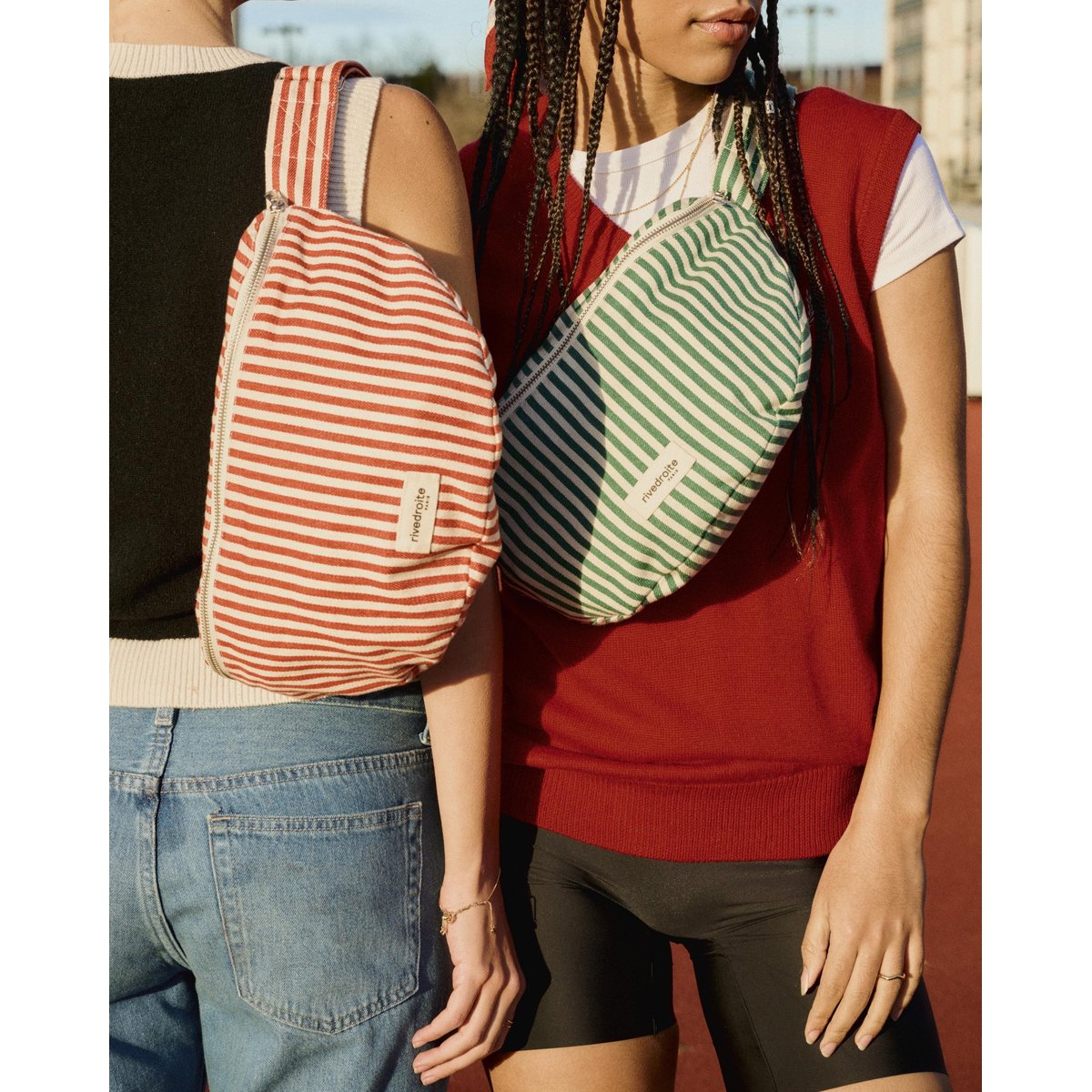 Sac banane rayé en coton organique zippé CUSTINE XL rayé rouge blanc, RIVEDROITE