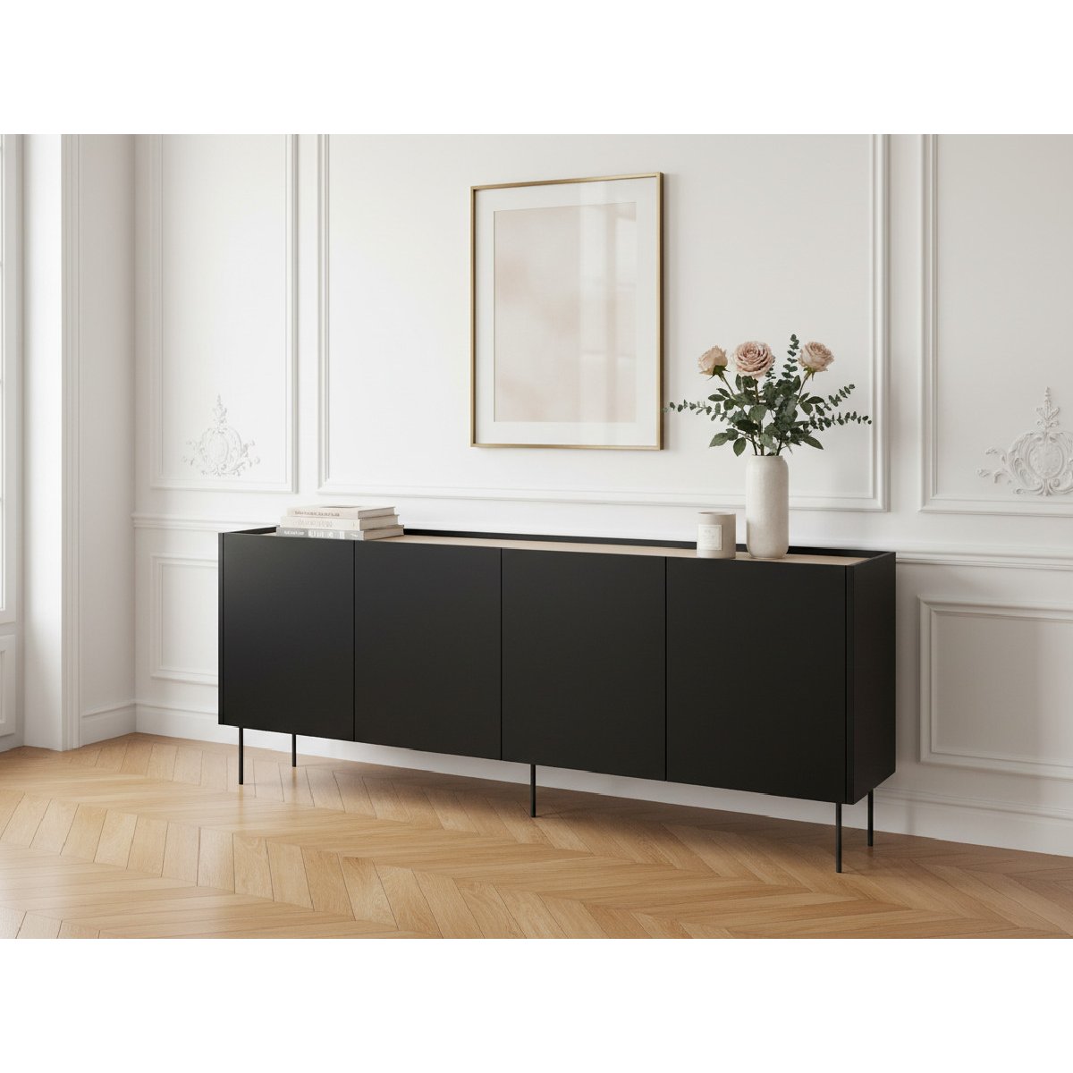 Buffet bas en panneaux de particules 4 portes 220 cm, ATLAS noir, BOBOCHIC