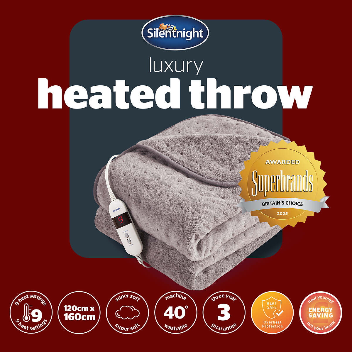Luxury Comfort Control Fleece Heated Throw grey, SILENTNIGHT