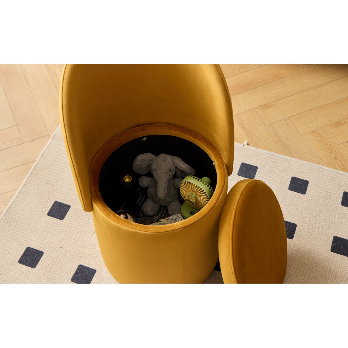 Pouf avec dossier et rangement, velours jaune moutarde, NORDLYS