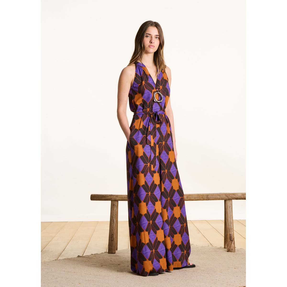 Combinaison pantalon sans manches à imprimé tandoori/violet, LA FEE MARABOUTEE