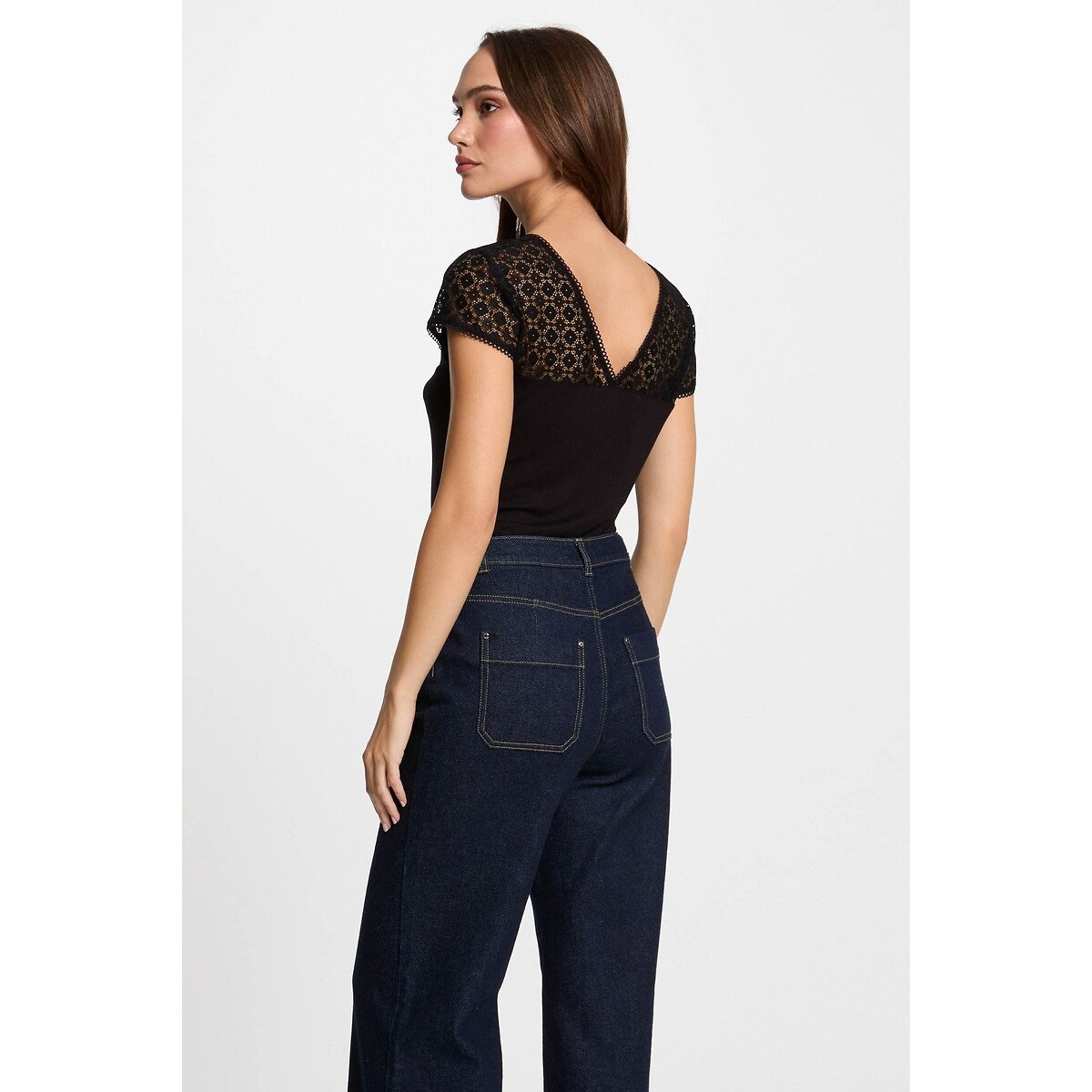 Camiseta con cuello de pico y manga corta negro, MORGAN