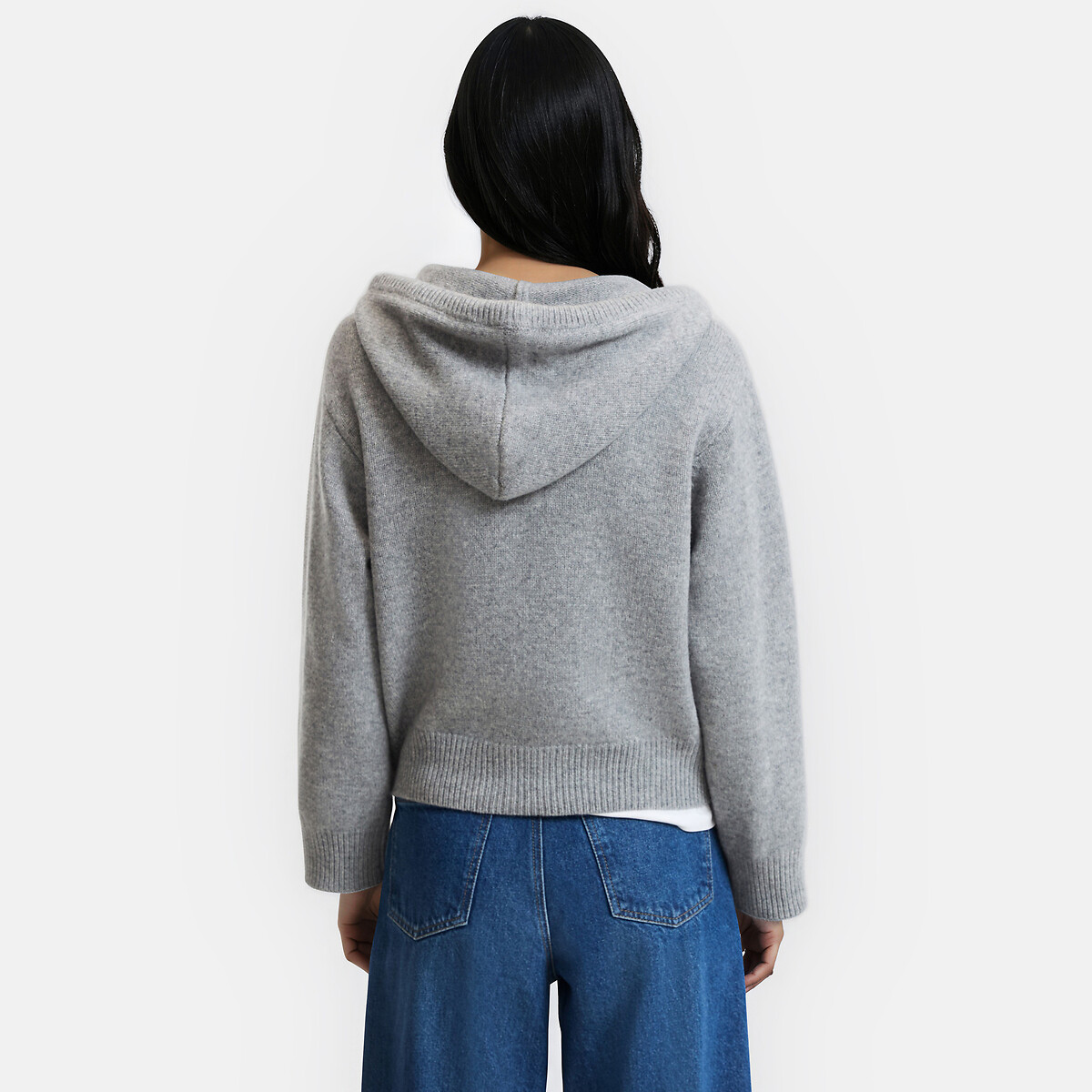 Wool Cropped Hooded Cardigan in Chunky Knit grey marl, LA REDOUTE COLLECTIONS