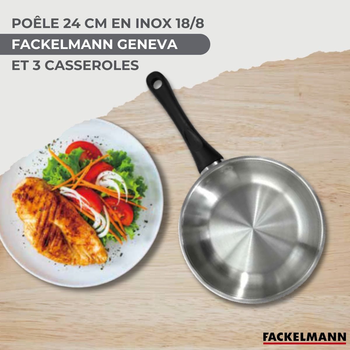 Batterie de cuisine 1 poêle 24cm + 3 casseroles 6cm GENEVA inox|noir, FACKELMANN