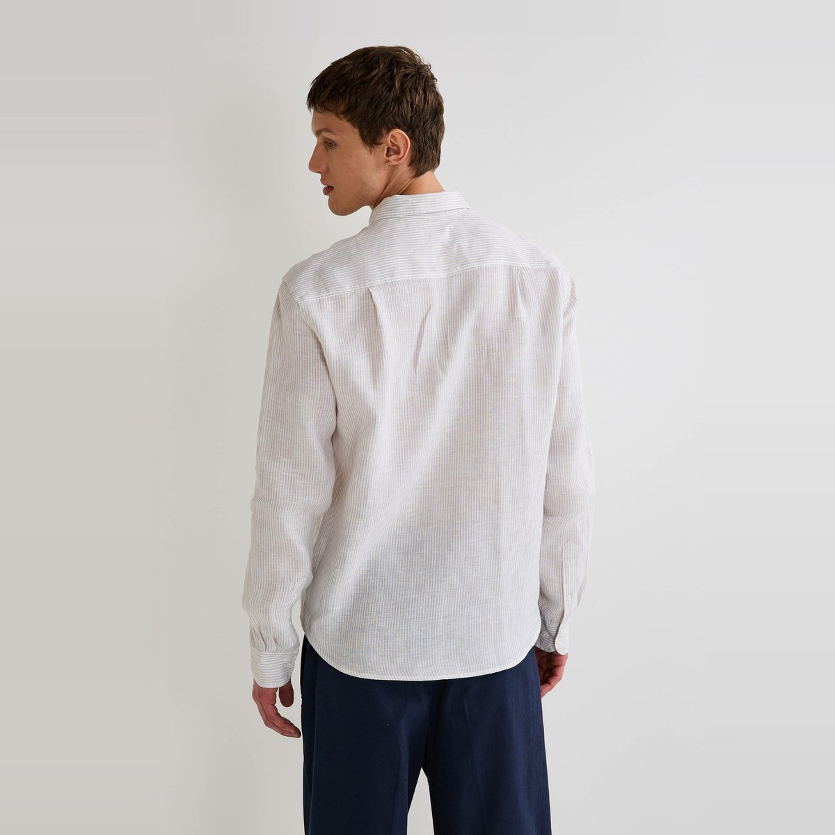 Chemise manches longues rayée en lin levure, MONOPRIX