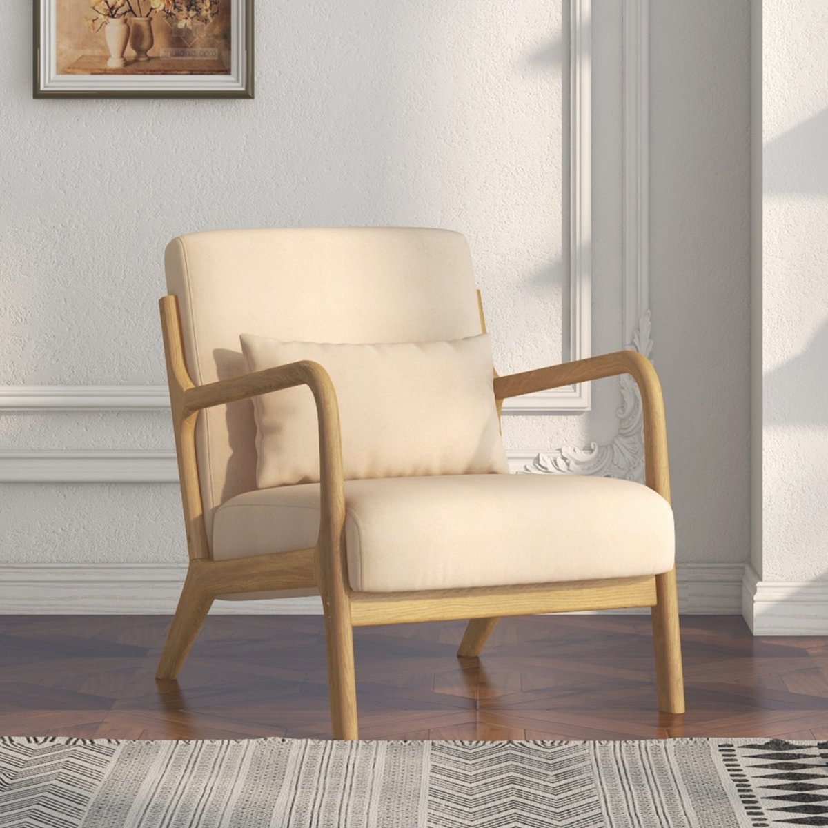 Accent Chair velours (100 % polyester) Beige beige, bois naturel, HOMCOM