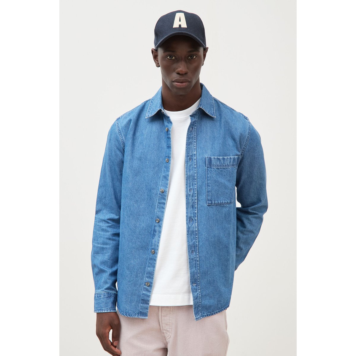 Chemise col américain manches longues denim stone, BONOBO
