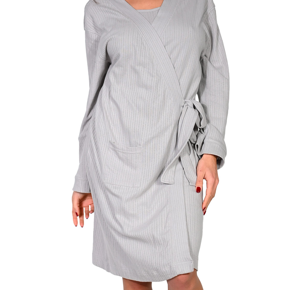 Peignoir kimono femme en maille coton NINA gris cendré, SENSEI MAISON