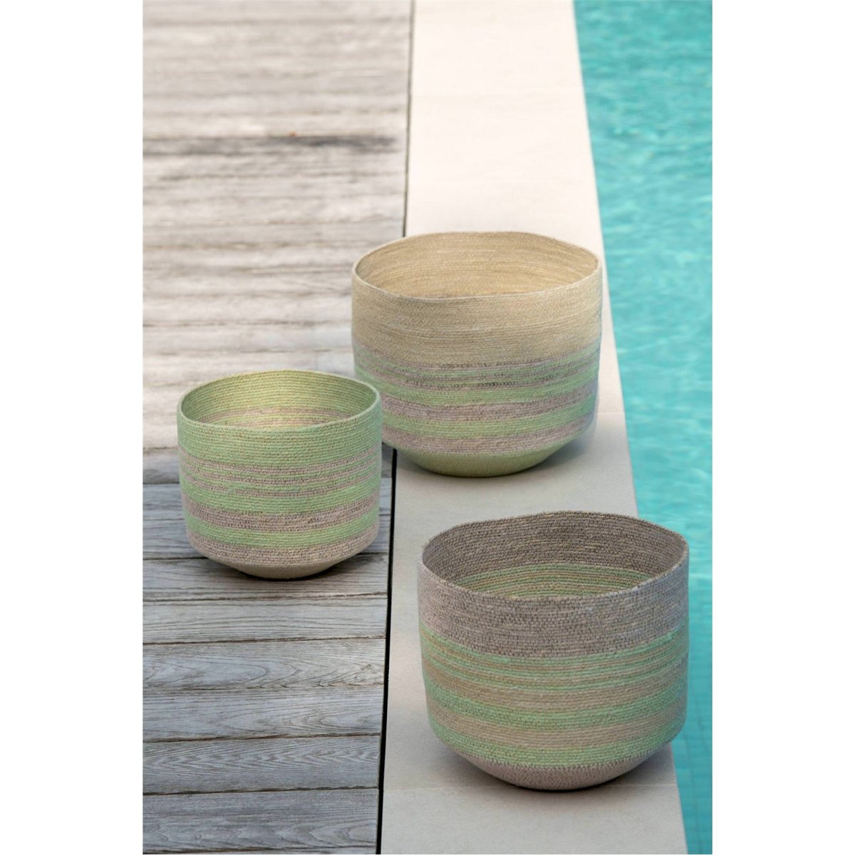 Set de 3 paniers rayés en jonc de mer naturel et vert, RECOLLECTION