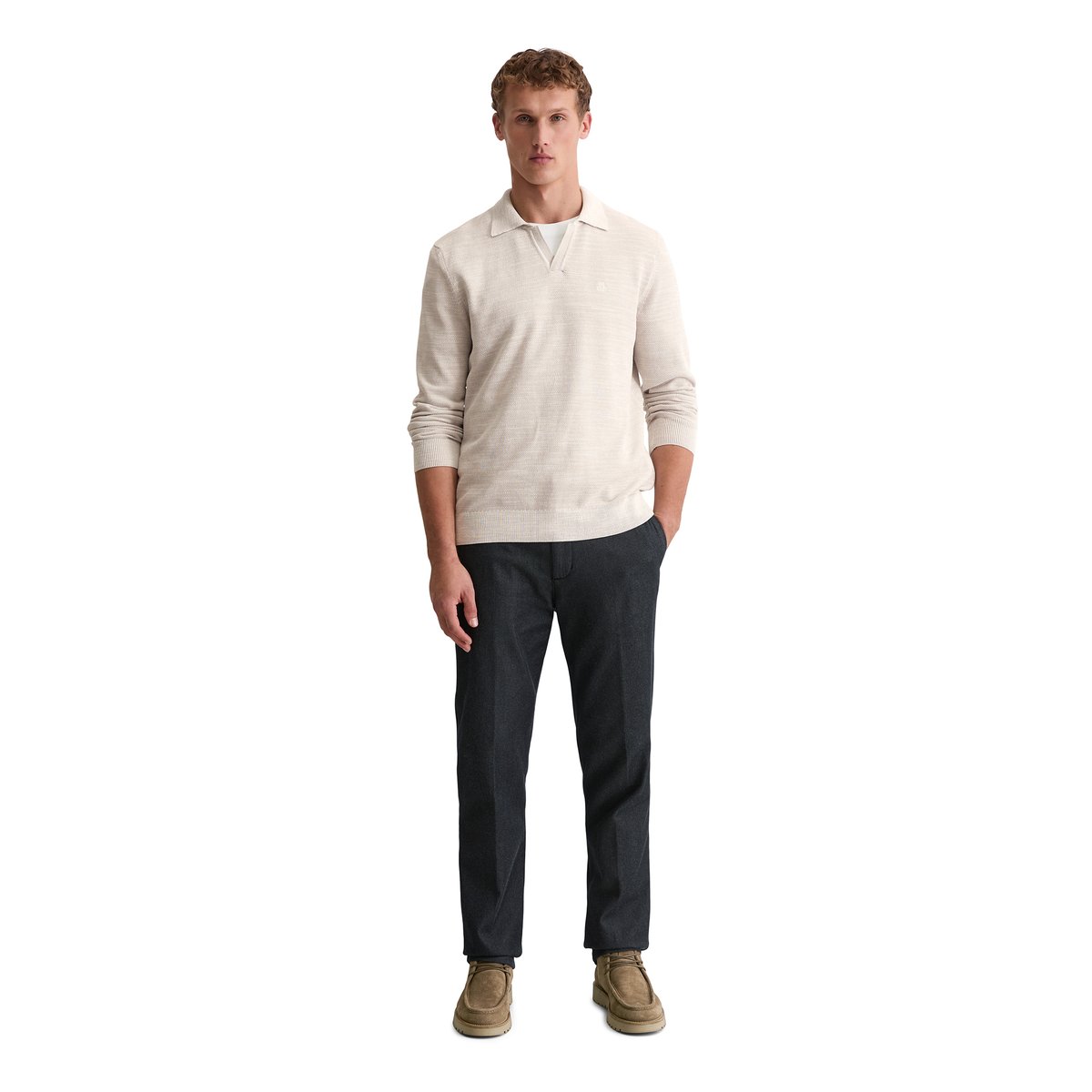 Pull polo regular en piqué de coton bio beige, MARC O'POLO