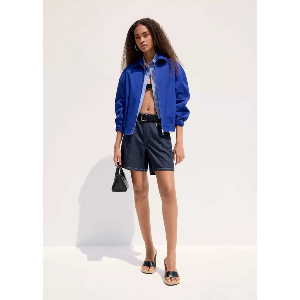 Bermuda en jean taille normale à pinces bleu, MANGO
