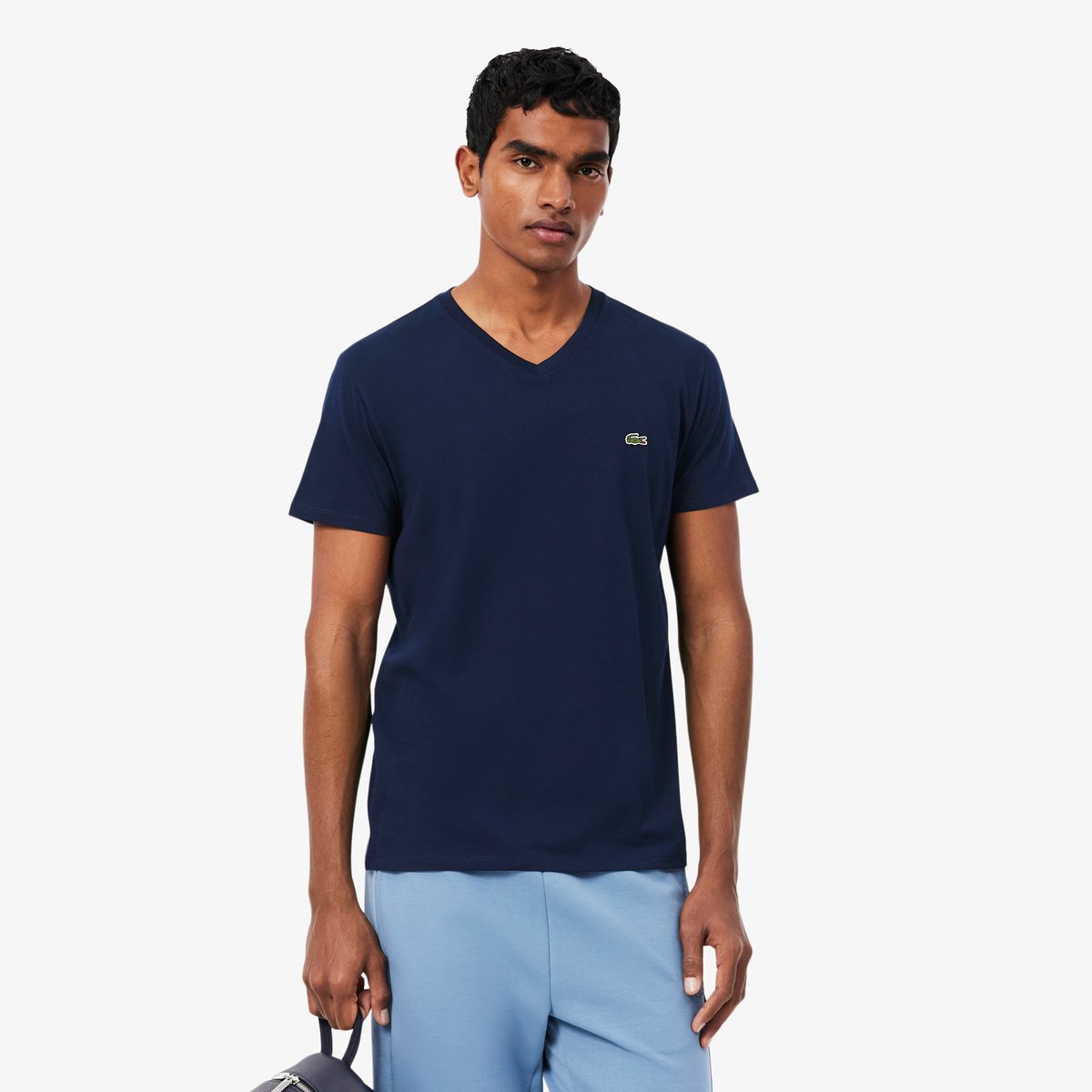 T-shirt coton Pima léger col V bleu-166, LACOSTE