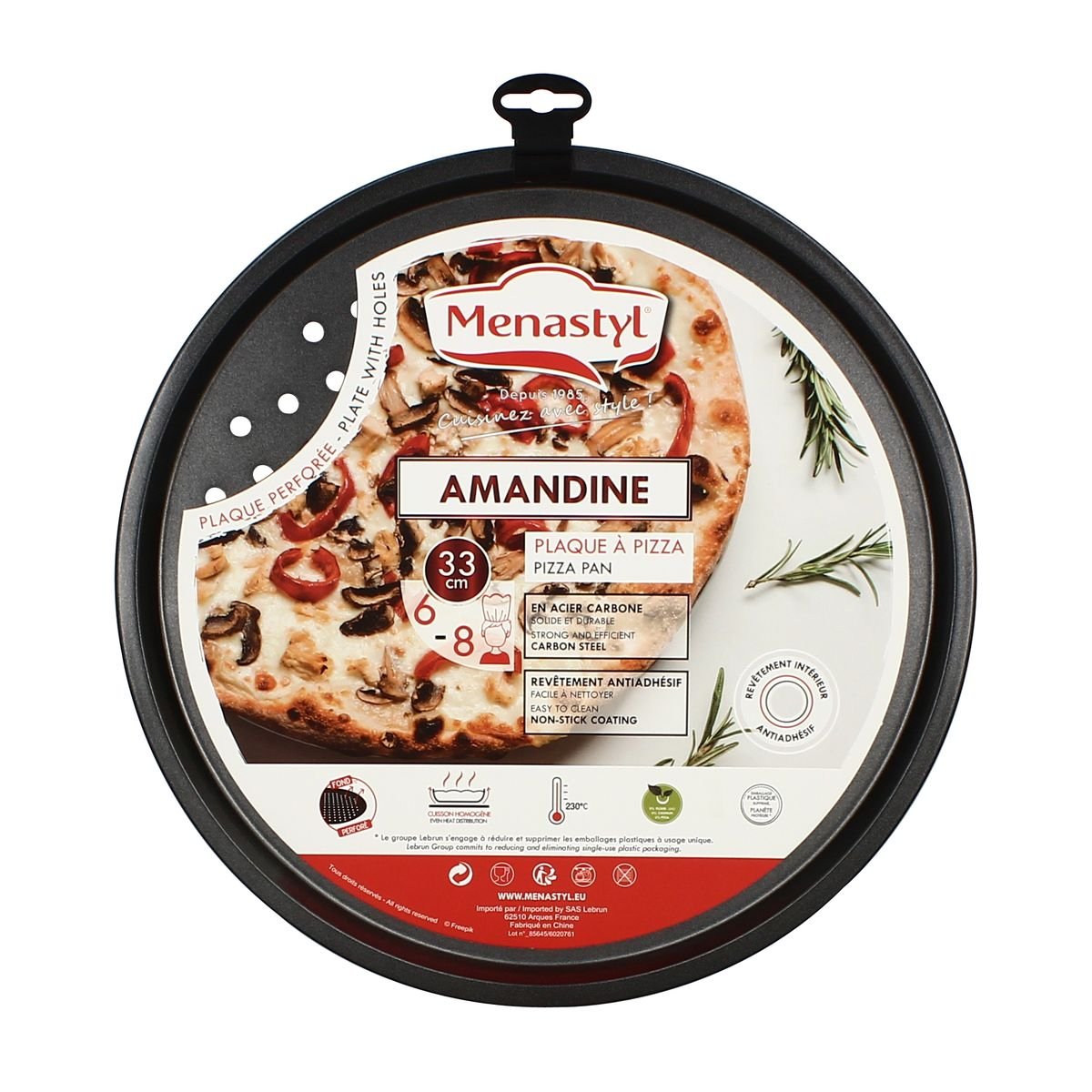 Plaque à pizza 33,5 cm en acier carbone, AMANDINE noir, MENASTYL