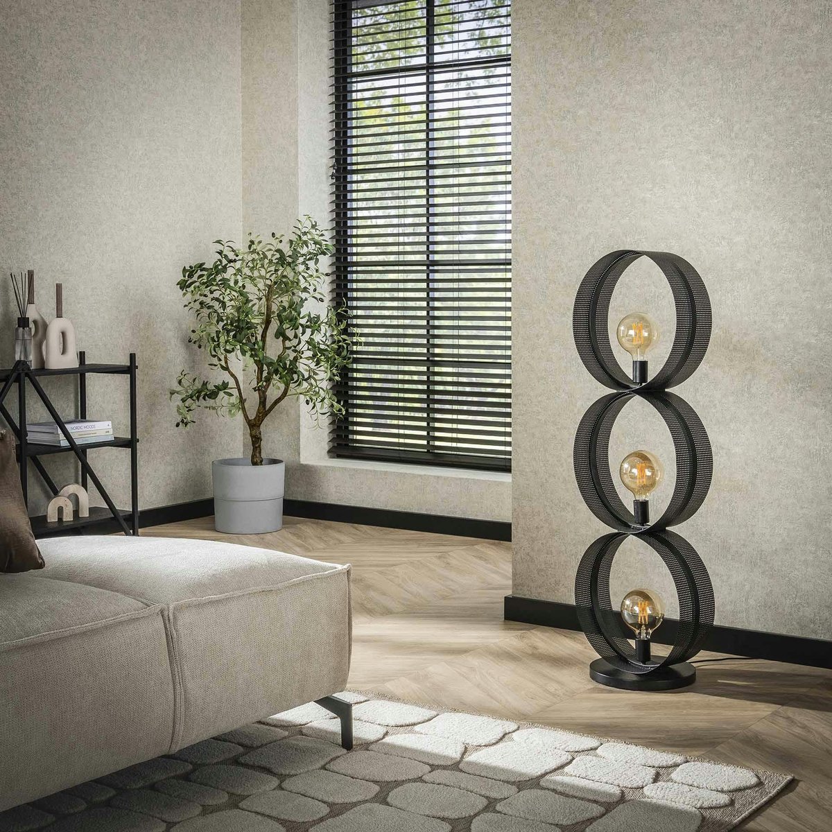 Lampadaire design 3 anneaux en métal perforé RALF anthracite, PIER IMPORT