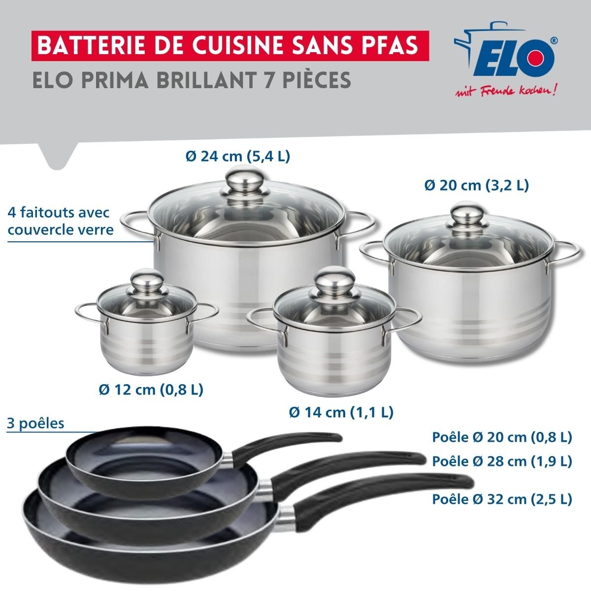 3 poêles 20/28/32cm + 4 faitouts 12/14/20/24cm PRIMA BRILLANT noir, ELO