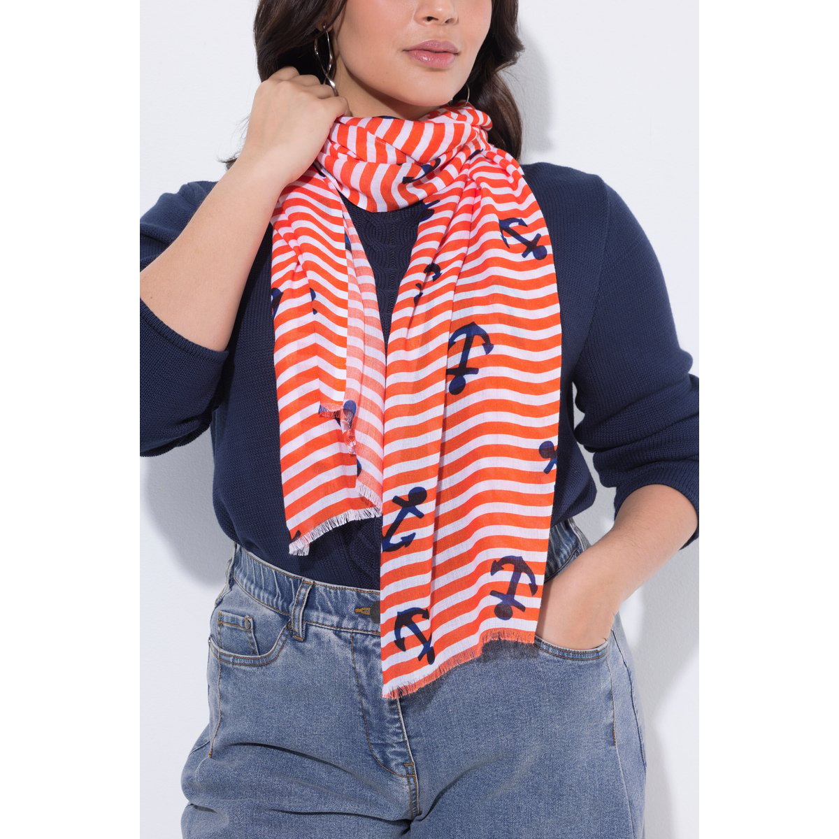 Foulard à rayures, motif ancres corail, ULLA POPKEN