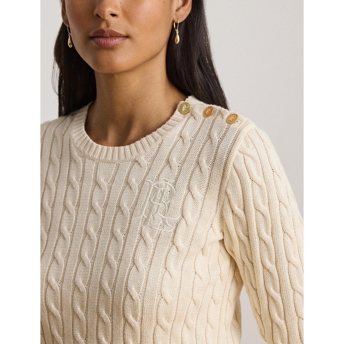Pull col rond torsadé à boutons épaules crème, LAUREN RALPH LAUREN
