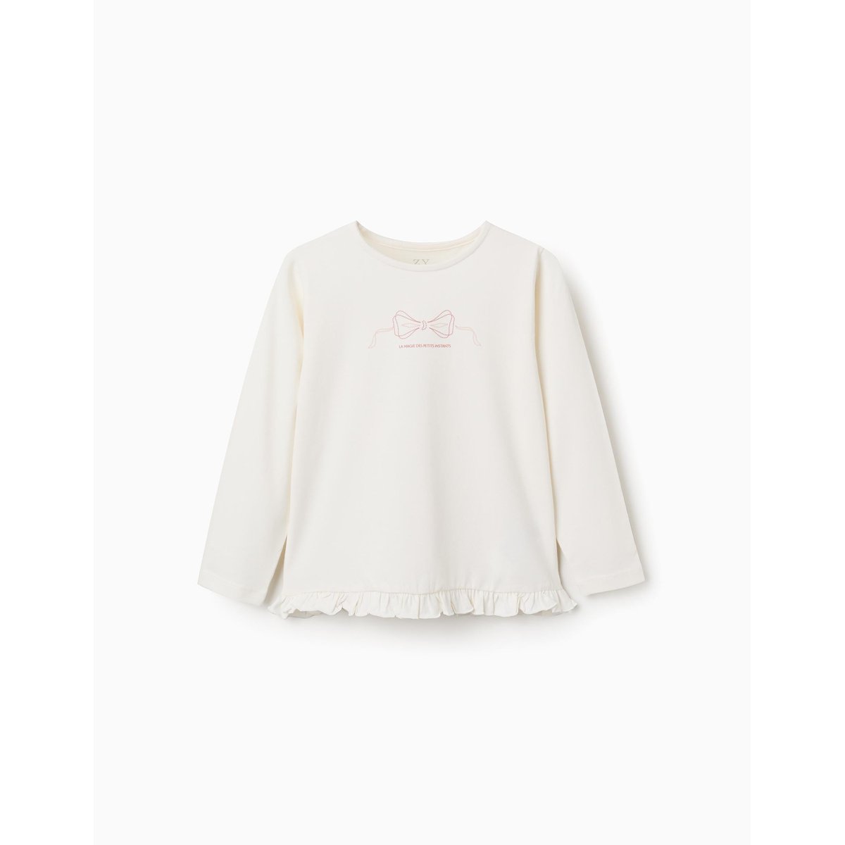 T-shirt en coton à manches longues avec imprimé et ourlet volanté blanc, ZIPPY