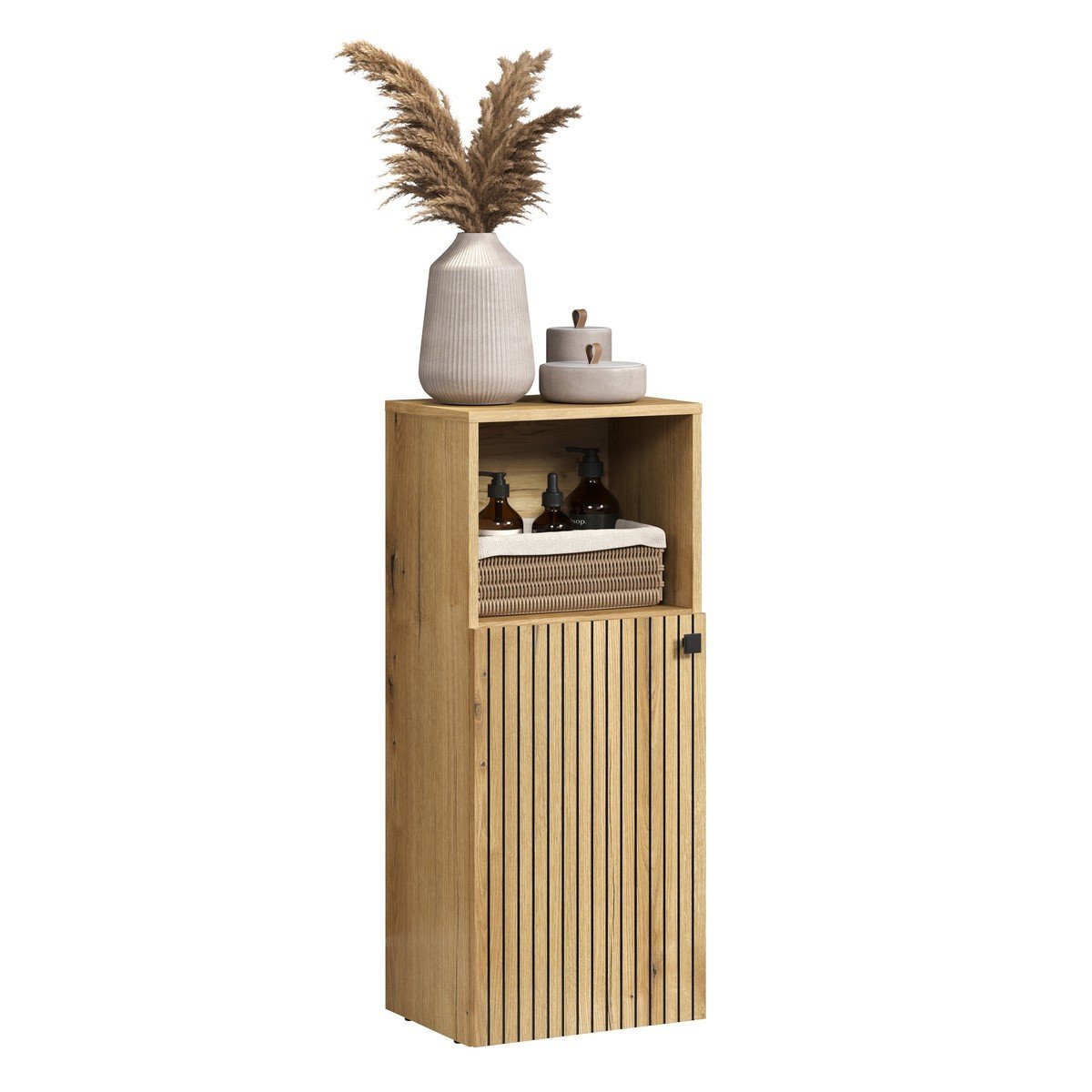 Rangement bas de salle de bain 1 porte et 1 niche L40 cm - PUREBLISS chêne blond et noir mat, CALICOSY