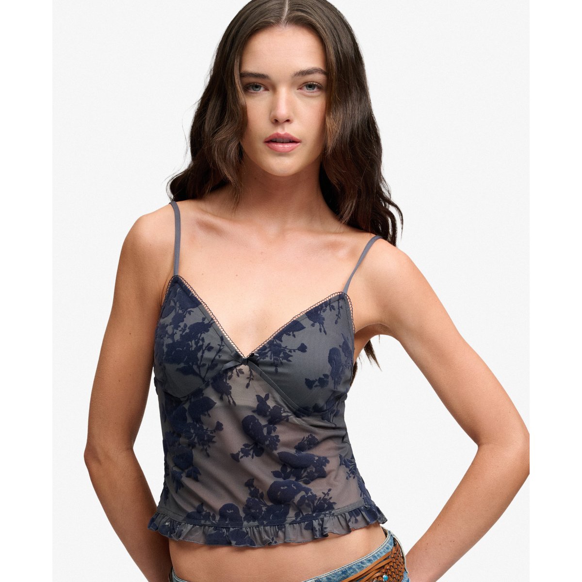Top à Bretelles en Mesh Floqué bleu minuit, SUPERDRY