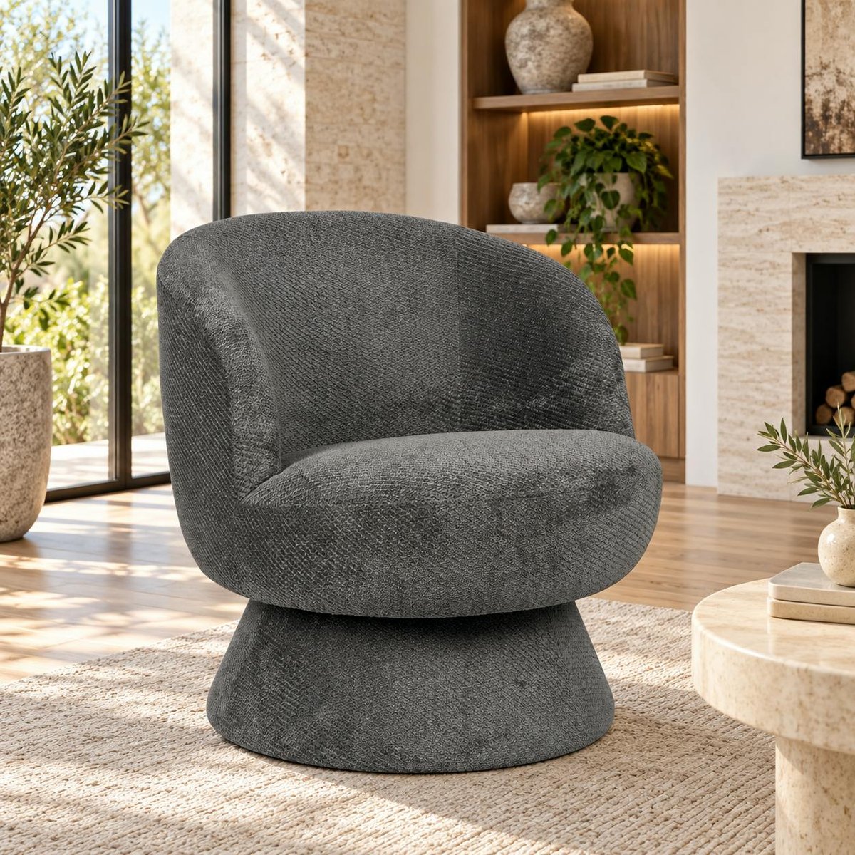 Fauteuil pivotant rétro tissu chenille IENA gris, PIER IMPORT