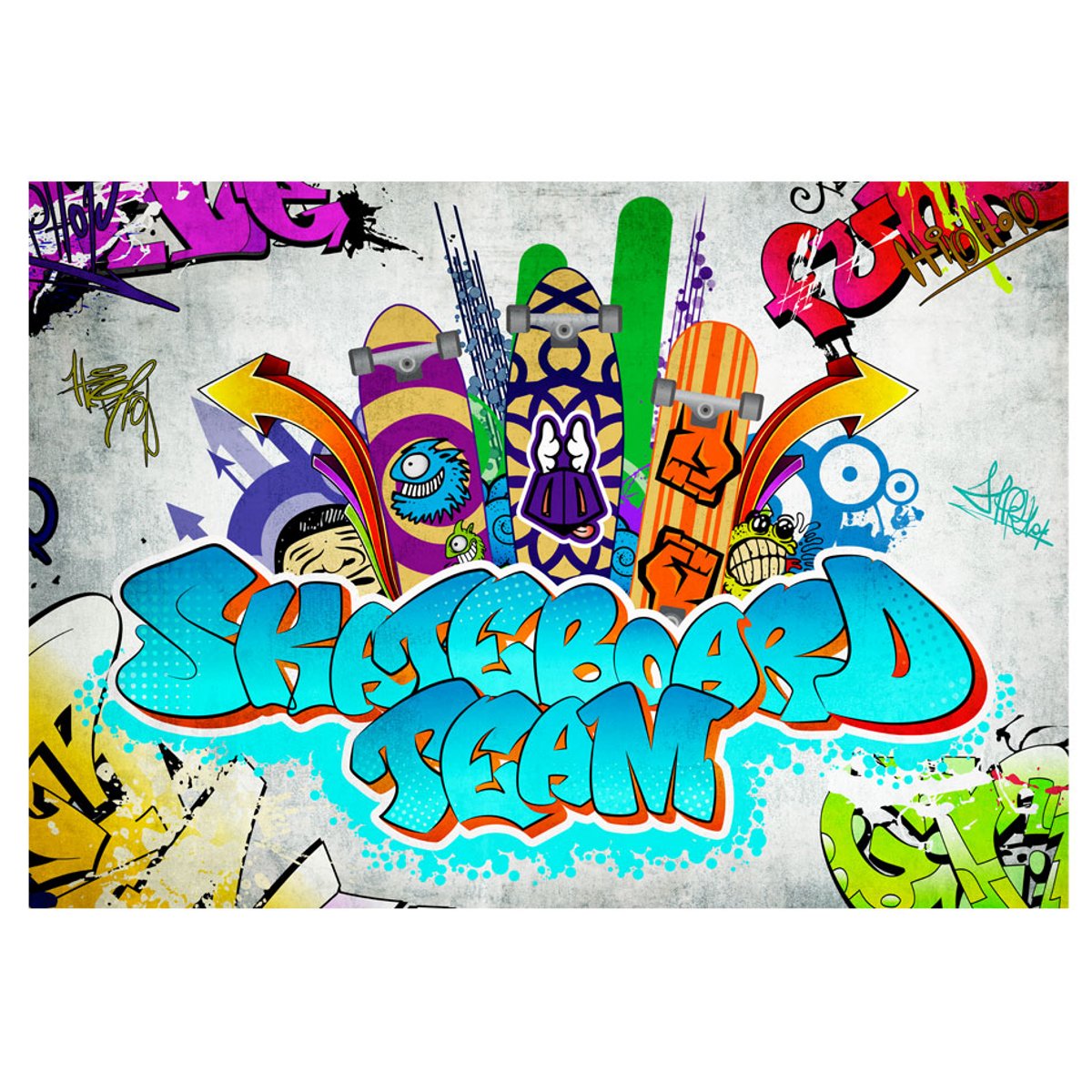 Papier peint intissé panoramique Street art Skateboard team multicouleur, EDEN